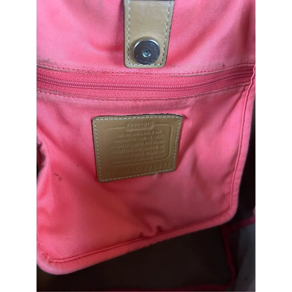 Coach Hadley Variegated‎ Coral & Beige Striped Canvas Leather Tote Shoulder Bag